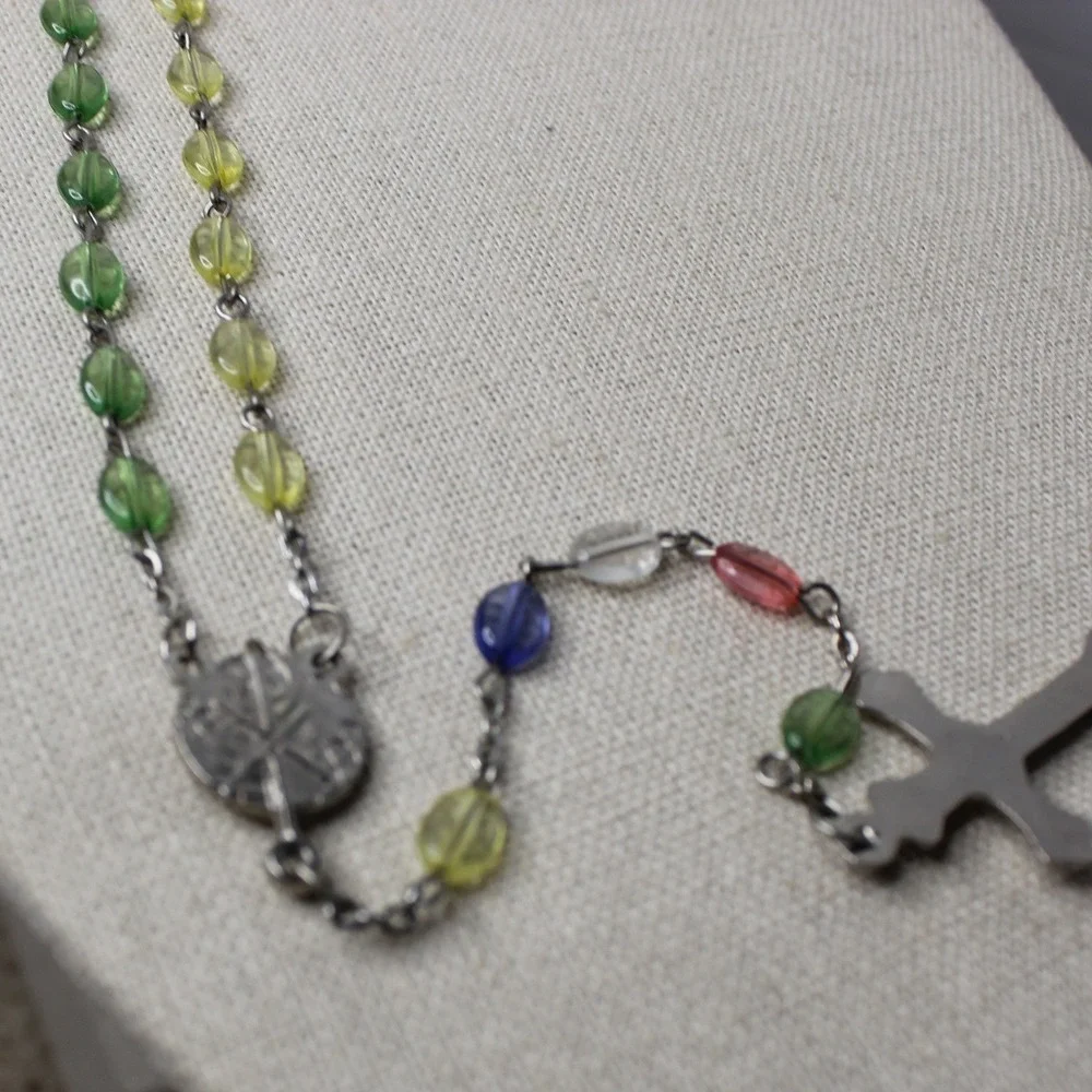 Catholic Rosary Necklace Multicolor Glass Bead Crucifix Virgin Mary Medal 23in